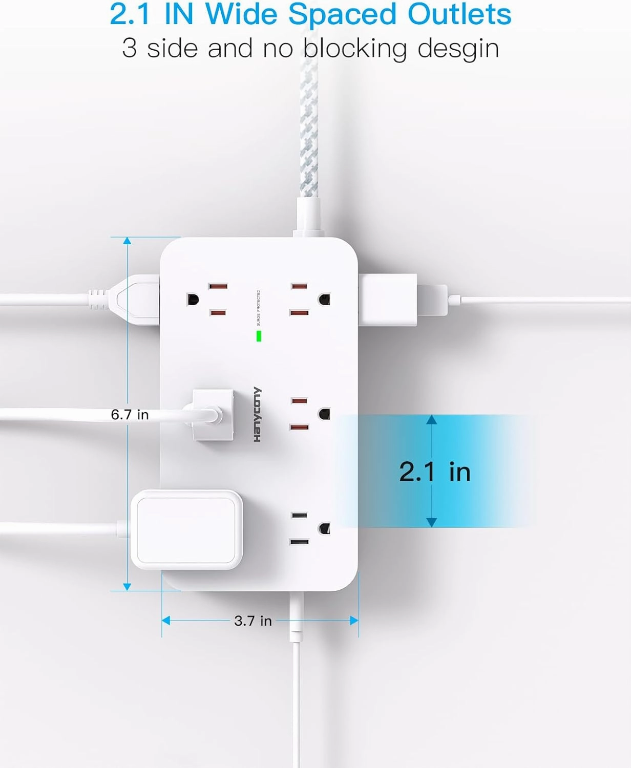 Extension Cord 10 Ft, HANYCONY Surge Protector with 12 Outlets 4 USB Ports (2USB C), Large Desk Power Strip with Long Cord, Flat Plug, Wall Mount for Office Home College Dorm Room Essentials, White