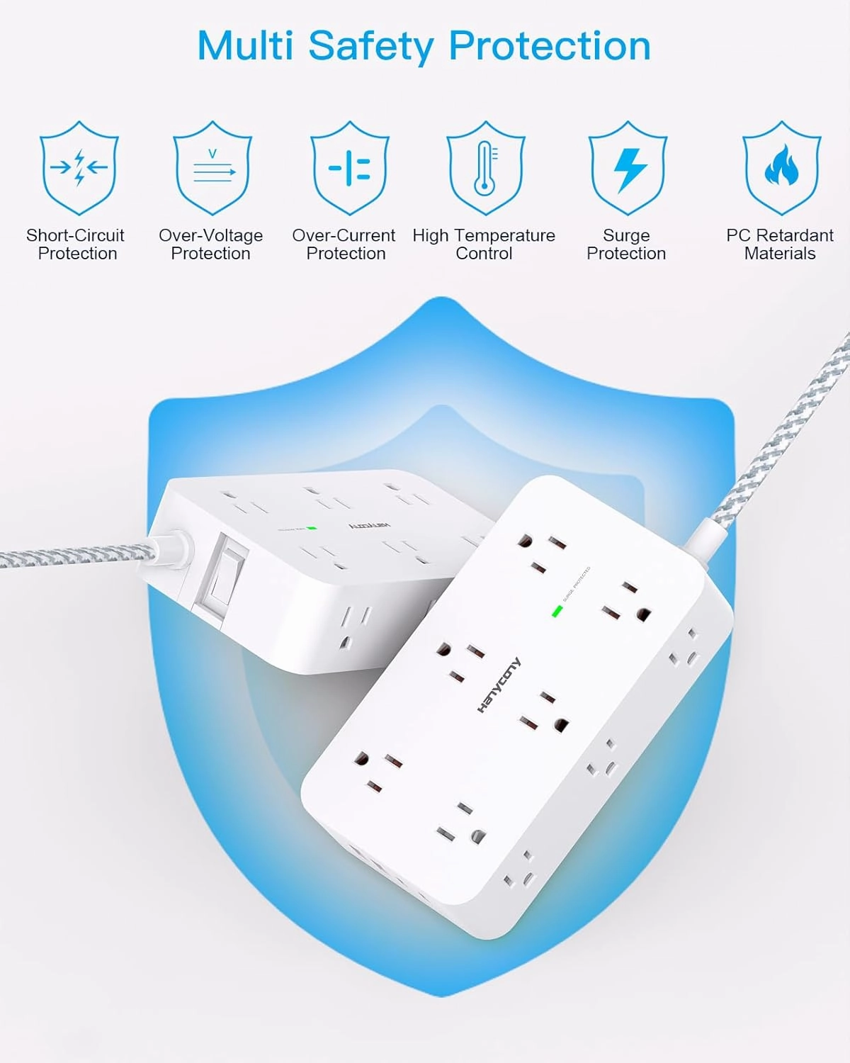 Extension Cord 10 Ft, HANYCONY Surge Protector with 12 Outlets 4 USB Ports (2USB C), Large Desk Power Strip with Long Cord, Flat Plug, Wall Mount for Office Home College Dorm Room Essentials, White
