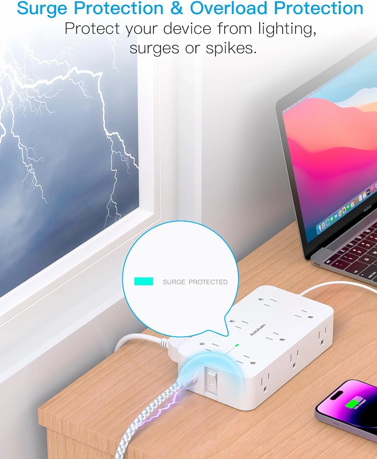 Extension Cord 10 Ft, HANYCONY Surge Protector with 12 Outlets 4 USB Ports (2USB C), Large Desk Power Strip with Long Cord, Flat Plug, Wall Mount for Office Home College Dorm Room Essentials, White
