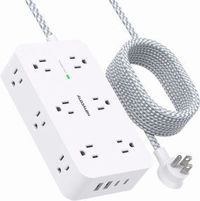 Extension Cord 10 Ft, HANYCONY Surge Protector with 12 Outlets 4 USB Ports (2USB C), Large Desk Power Strip with Long Cord, Flat Plug, Wall Mount for Office Home College Dorm Room Essentials, White power cord,hi-fi power cable,AC power lead,