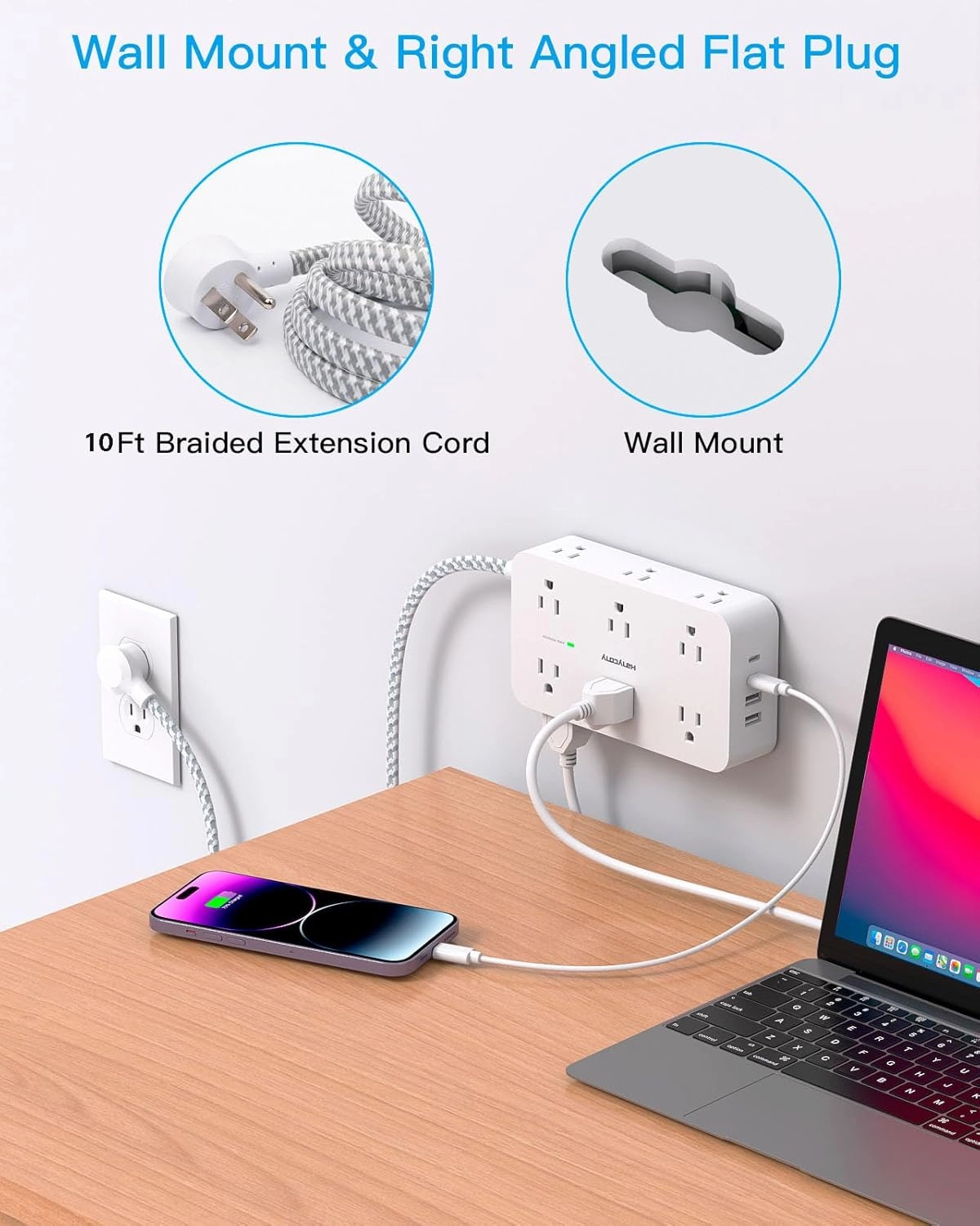 Extension Cord 10 Ft, HANYCONY Surge Protector with 12 Outlets 4 USB Ports (2USB C), Large Desk Power Strip with Long Cord, Flat Plug, Wall Mount for Office Home College Dorm Room Essentials, White
