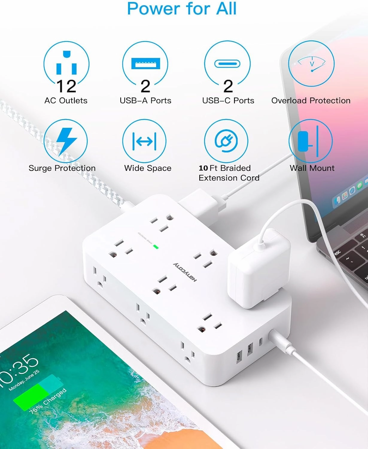Extension Cord 10 Ft, HANYCONY Surge Protector with 12 Outlets 4 USB Ports (2USB C), Large Desk Power Strip with Long Cord, Flat Plug, Wall Mount for Office Home College Dorm Room Essentials, White