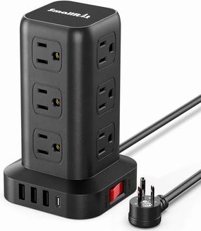Extension Cord with Multiple Outlets, Surge Protector Power Strip Tower, 12 AC 4 USBSurge Protector Tower 6.5FT Overload Protection for Home Office power cord,hi-fi power cable,AC power lead,