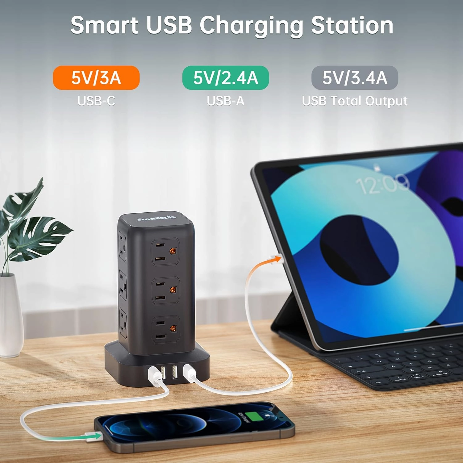 Extension Cord with Multiple Outlets, Surge Protector Power Strip Tower, 12 AC 4 USBSurge Protector Tower 6.5FT Overload Protection for Home Office