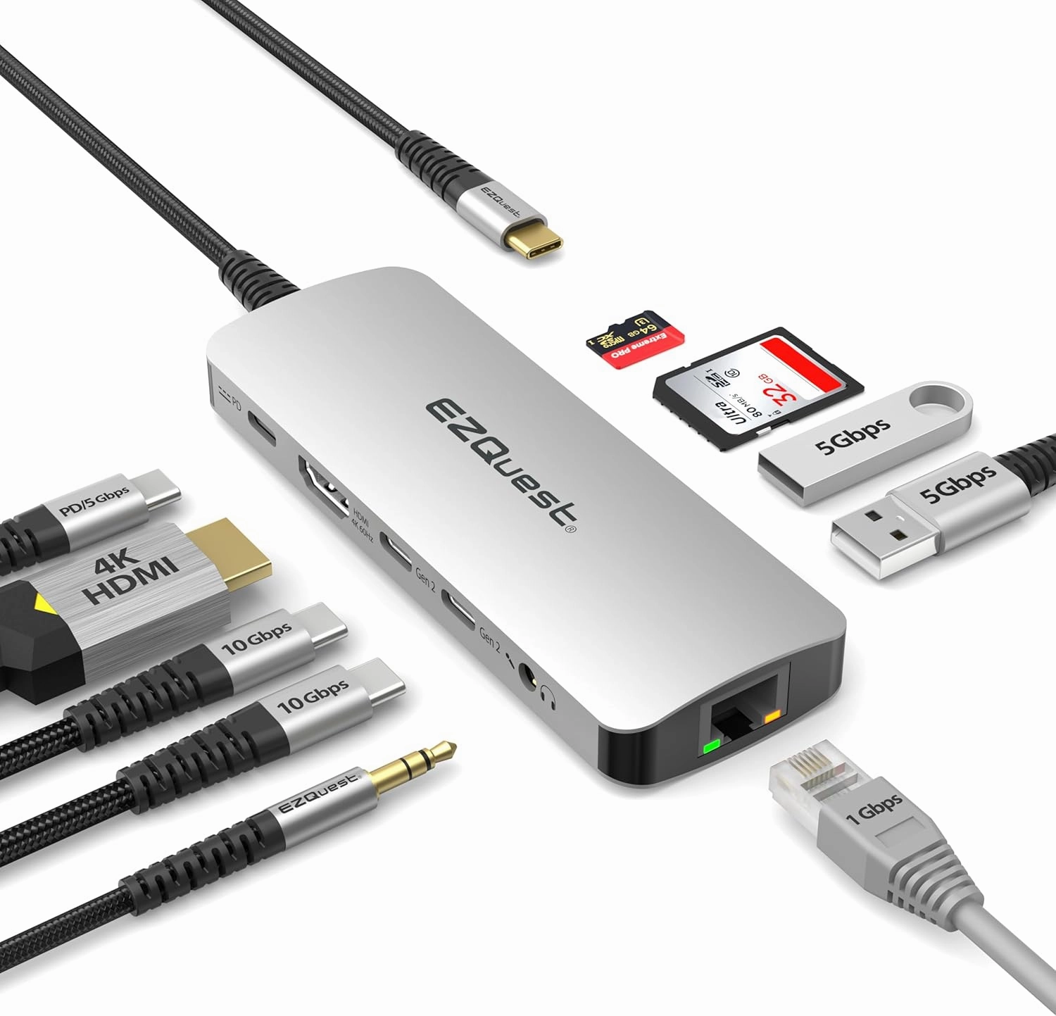 EZQuest USB-C Hub Docking Station 10 in 1 with 4K HDMI 60Hz, 1 GBS Ethernet, 2 USB C Gen 2 10Gbs, 1 PD 3.0, 2 USB-A 3.0, Audio Ports, SD/Micro SD, Compatible with USB Type C/Thunderbolt Computers smart audio hub,voice control speaker,Alexa compatible audio