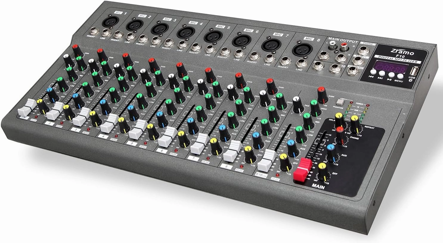 F10 Professional Audio Mixer for keyboard guitar mics with Bluetooth, 7 Channel Mixing Console with USB Clean Audio Interface, Stereo Equalizer, Ideal for Rehearsals,Church and Karaoke live show mixer console,audio mixing desk,DJ console,