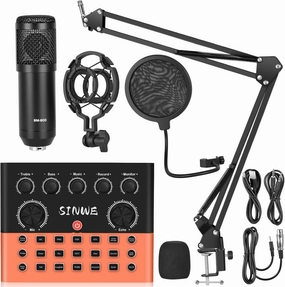 F993 All-in-One Podcast Equipment BundleBM-800 Recording Studio Package with Voice Changer, Live Sound Card - Audio Interface for Vlog/Live Streaming/Singing/YouTube/Gaming(Orange) audio interface,USB interface,music recording input,