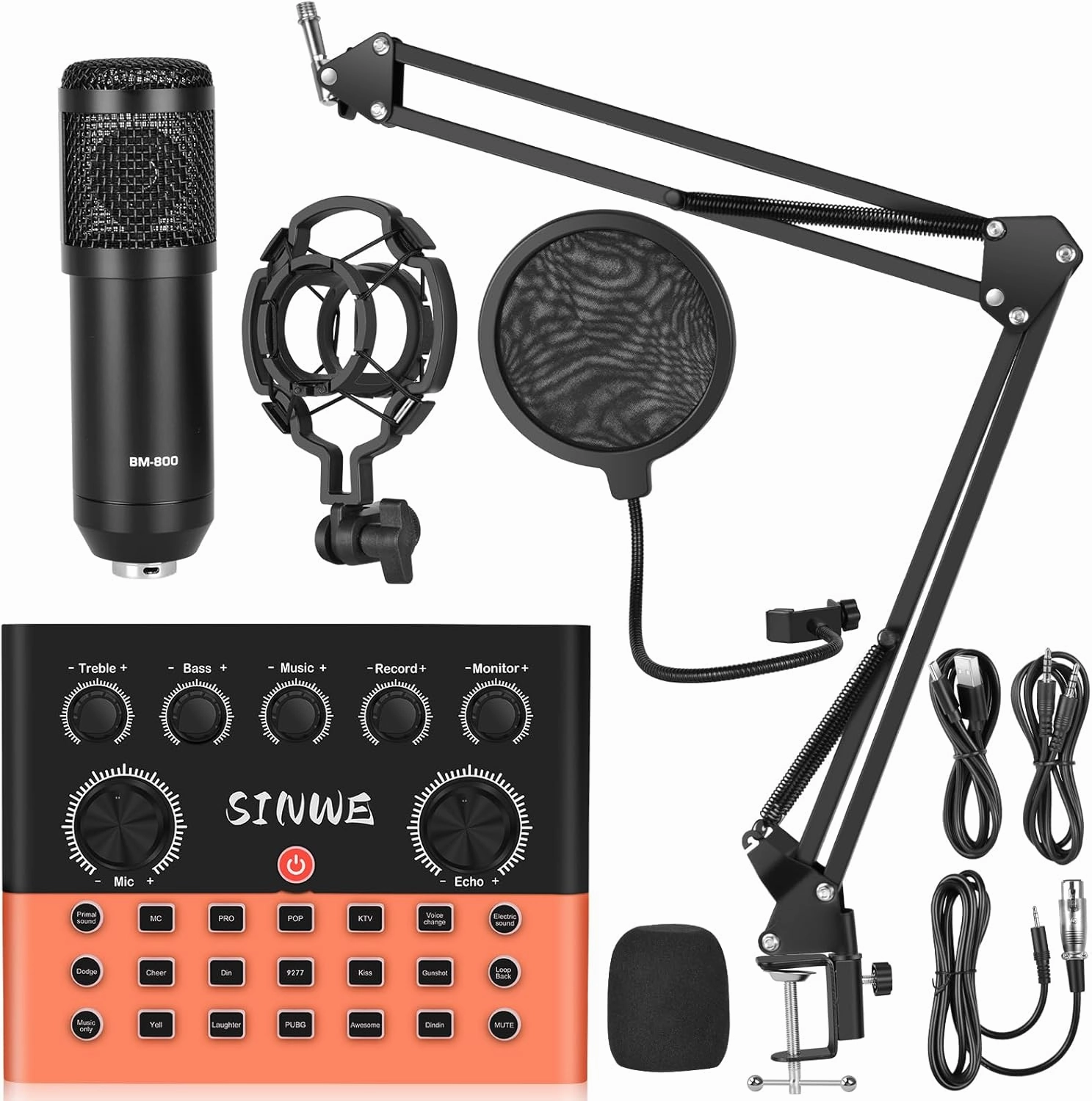 F993 All-in-One Podcast Equipment BundleBM-800 Recording Studio Package with Voice Changer, Live Sound Card - Audio Interface for Vlog/Live Streaming/Singing/YouTube/Gaming(Orange) audio interface,USB interface,music recording input,