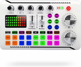 F998 Professional Audio Mixer,Sound Card Voice Changer and Audio Interface with DJ Mixer Effects,Podcast Production Studio Equipment Sound Board,for Podcasting Gaming Karaoke Tiktok YouTube White audio interface,USB interface,music recording input,