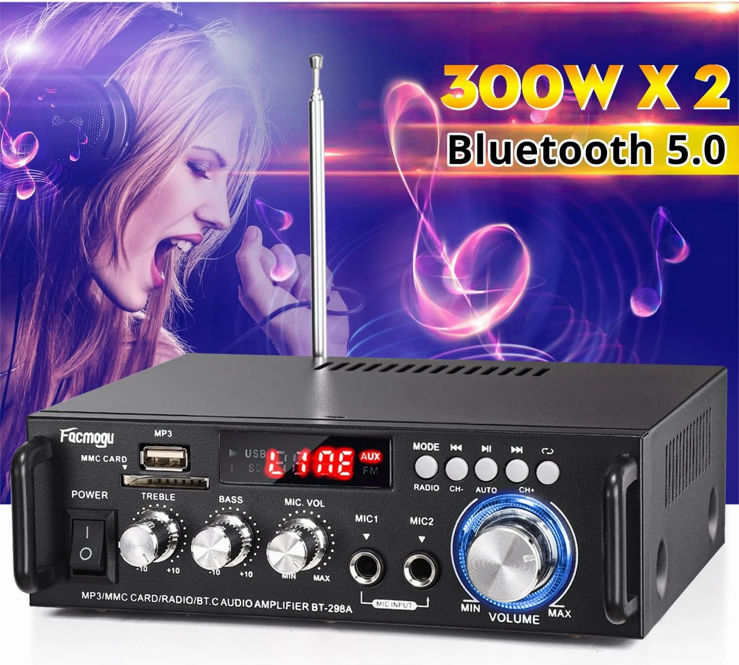 Facmogu 298A Max 300Wx2 Wireless Bluetooth 5.0 Stereo Audio Amplifier, RMS 40Wx2 Power Amp 2 Channel Stereo Receiver for Home Theater Speakers, Bass & Treble Control, USB/SD/RCA/MIC/FM in, Remote