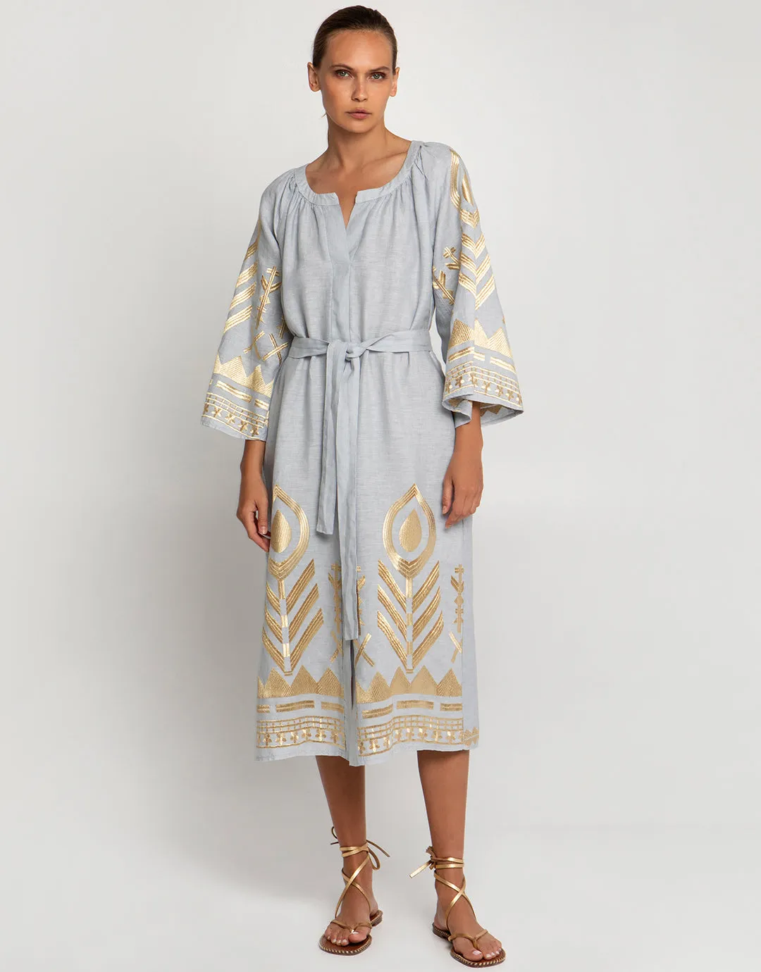 Feather Midi Kaftan - Light Grey and Gold