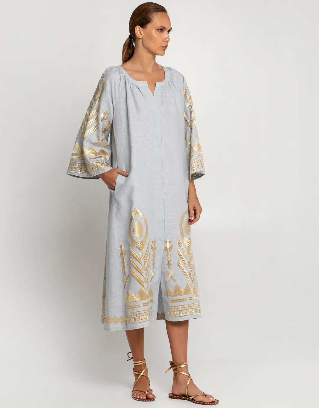Feather Midi Kaftan - Light Grey and Gold