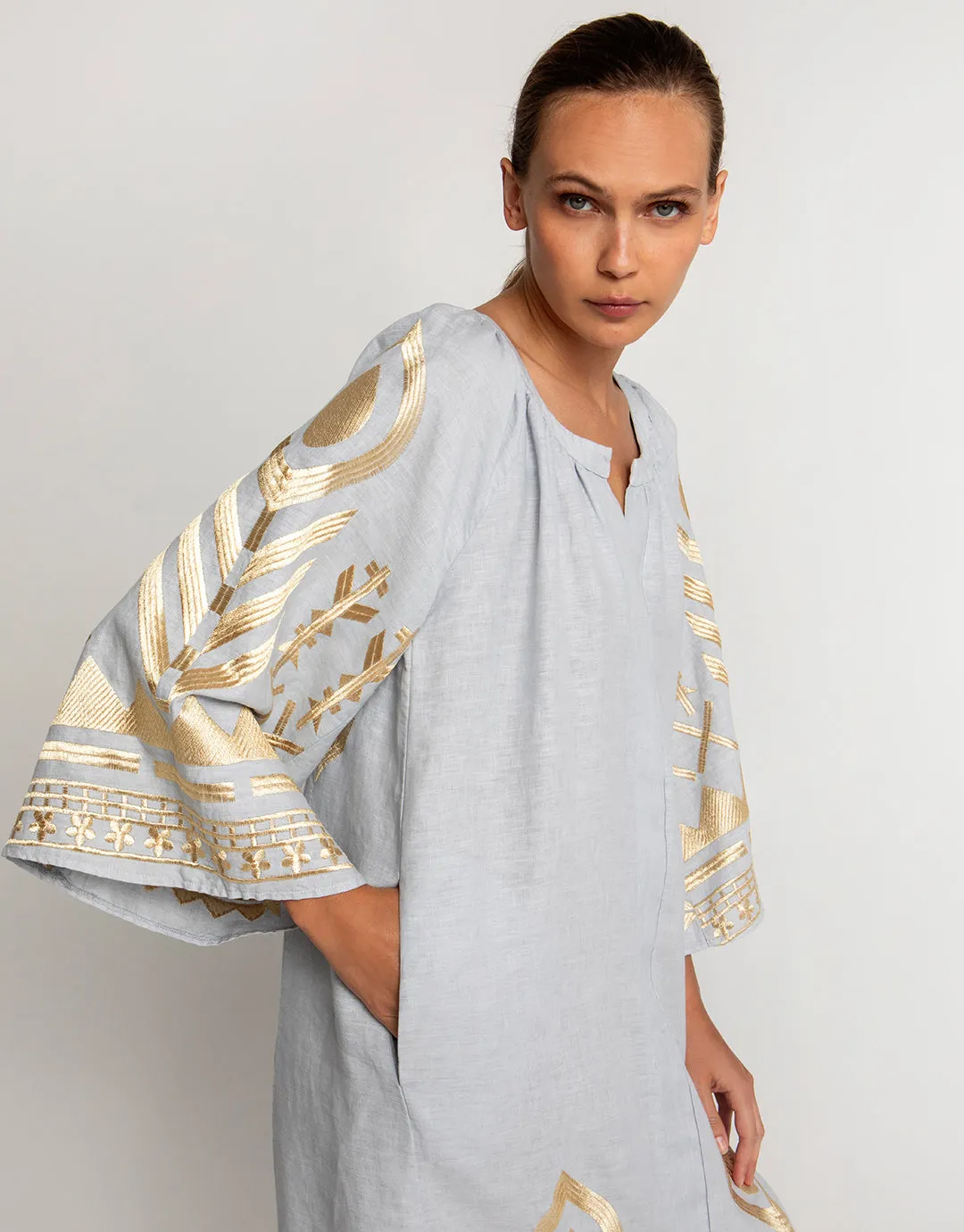 Feather Midi Kaftan - Light Grey and Gold