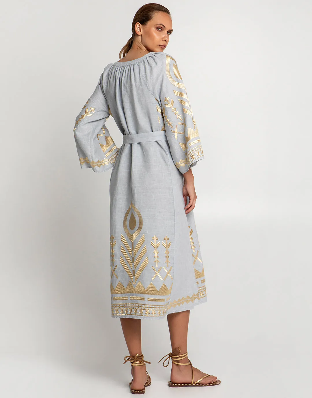 Feather Midi Kaftan - Light Grey and Gold