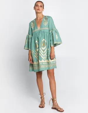 Feather Mini Dress - Sea Green and Gold