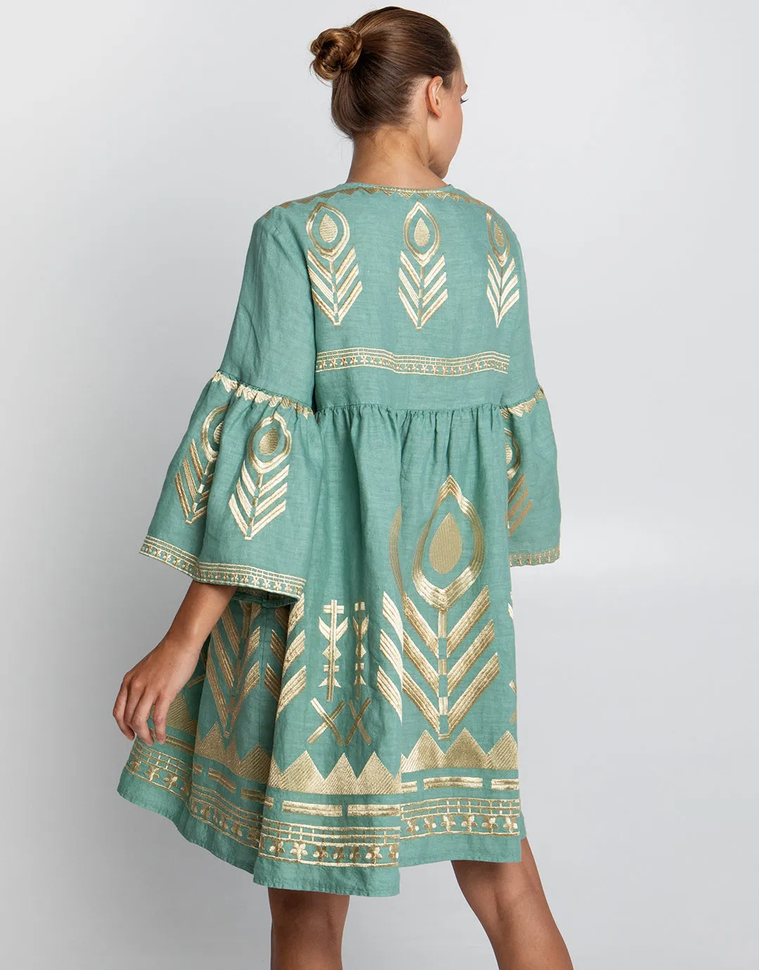 Feather Mini Dress - Sea Green and Gold