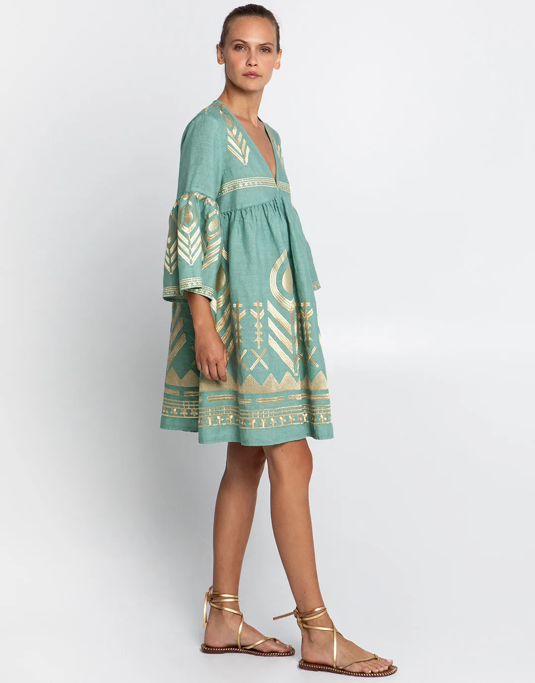 Feather Mini Dress - Sea Green and Gold