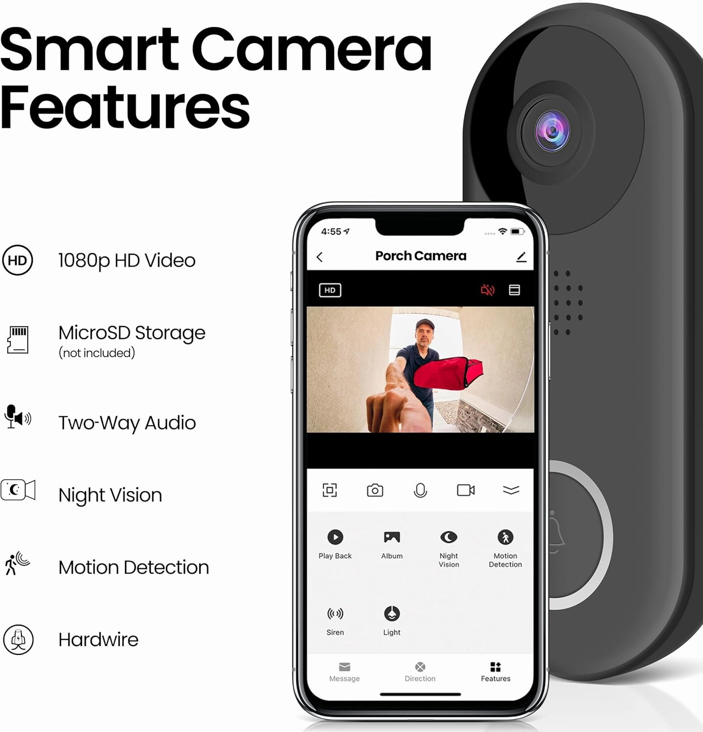 Feit Electric Doorbell Camera, 2.4 GHz WiFi, No Hub, Two-Way Audio, Motion Detection, Night Vision, 1080p HD, Micro SD Card Storage, Wireless Chime Included, Hardwired, CAM/Door/WiFi