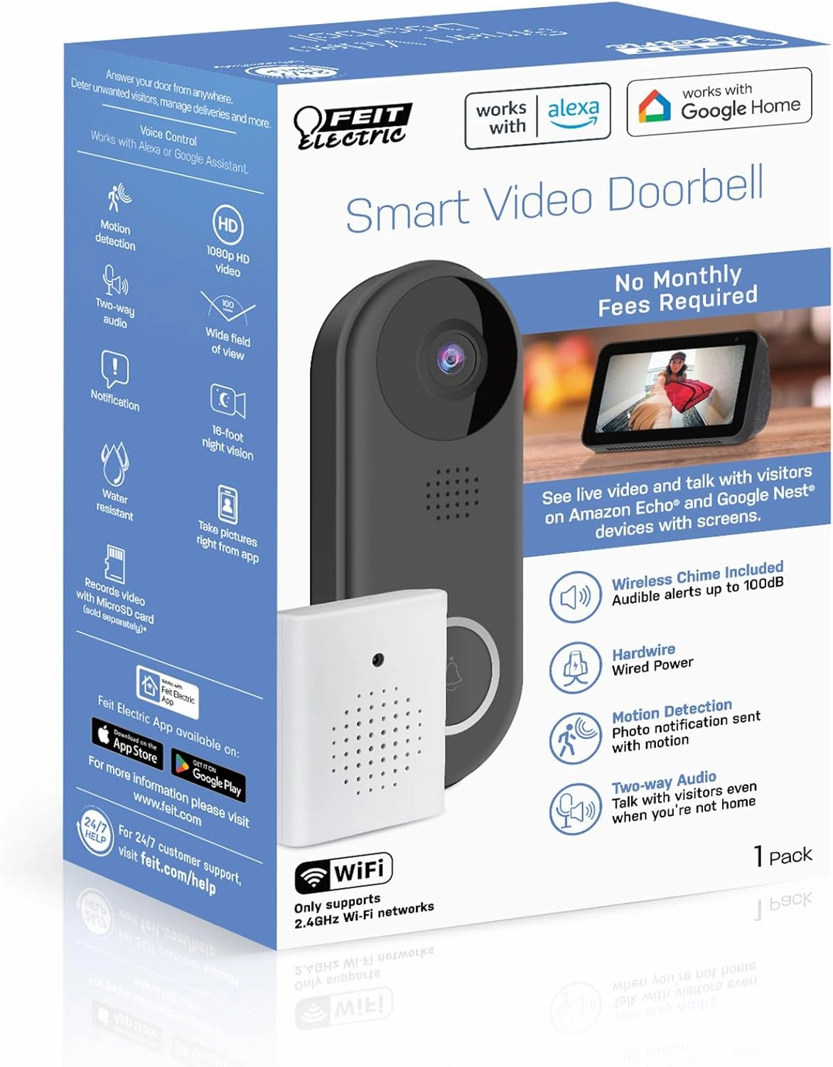 Feit Electric Doorbell Camera, 2.4 GHz WiFi, No Hub, Two-Way Audio, Motion Detection, Night Vision, 1080p HD, Micro SD Card Storage, Wireless Chime Included, Hardwired, CAM/Door/WiFi