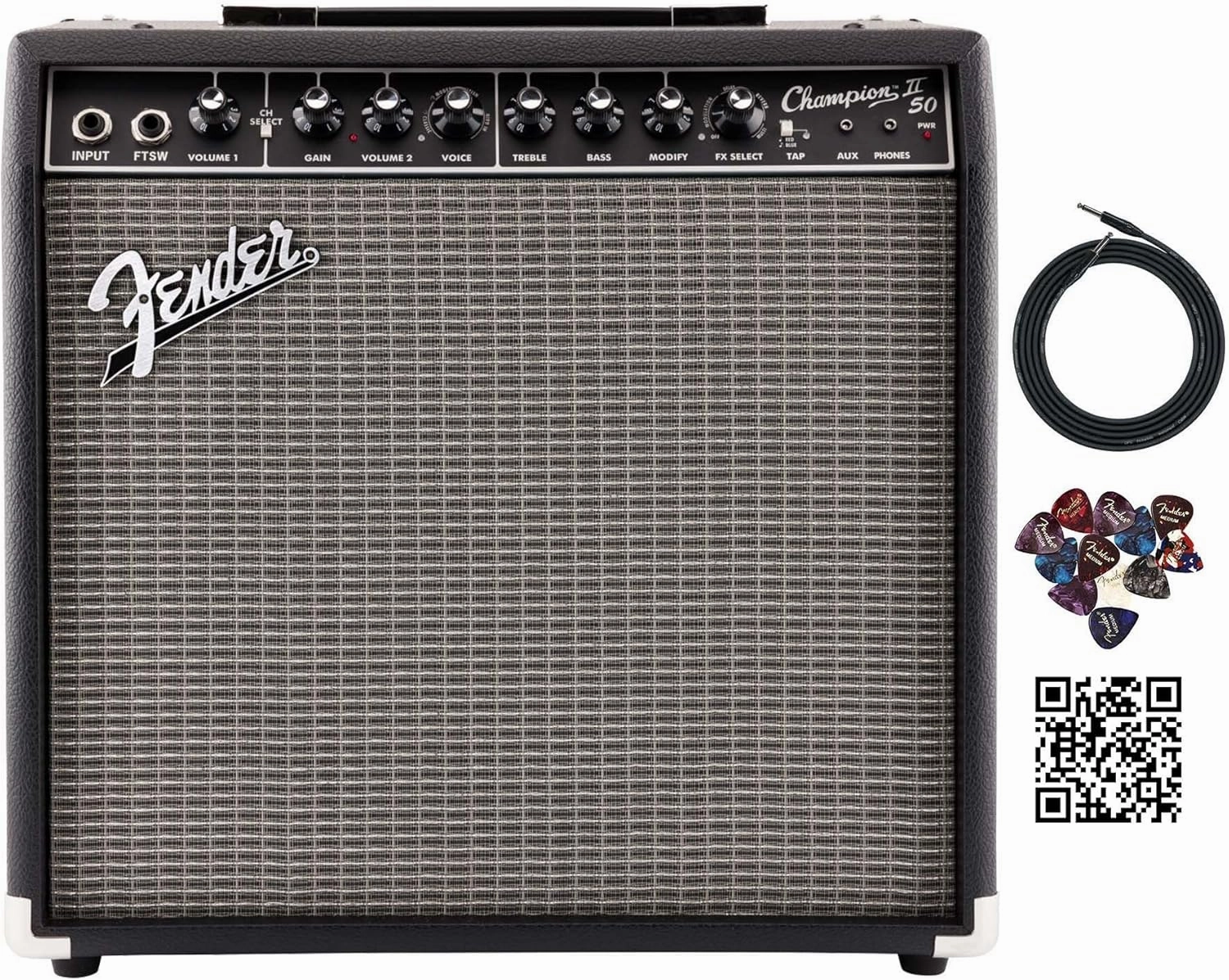 Fender Champion II 50-Watt Guitar Combo Amplifier Bundle with Instrument Cable, Picks, and Austin Bazaar Instructional Video tube amplifier,valve amp,audiophile tube stereo,