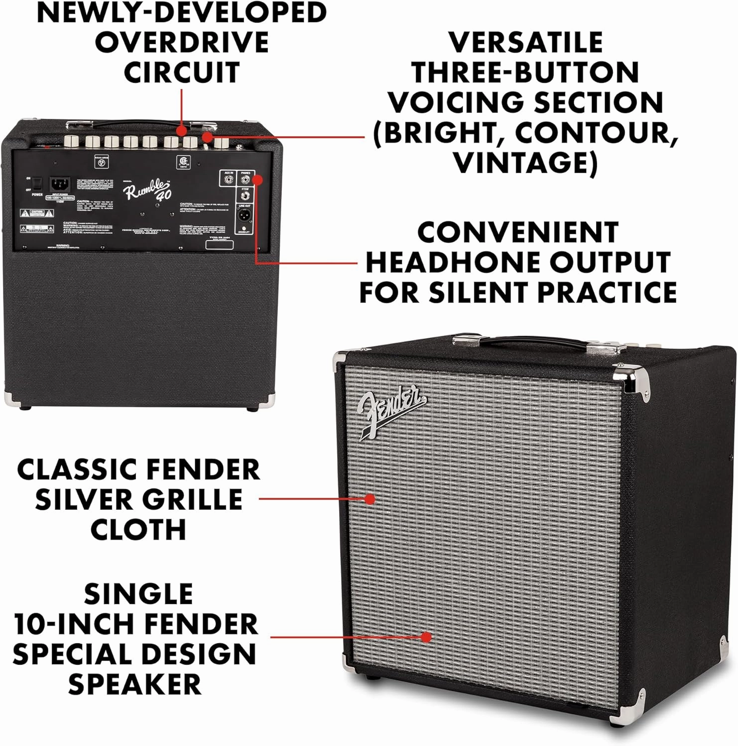 Fender Rumble 40 V3 Bass Amp for Bass Guitar, 40 Watts, with 2-Year Warranty 8 Inch Speaker, with Overdrive Circuit and Mid-Scoop Contour Switch