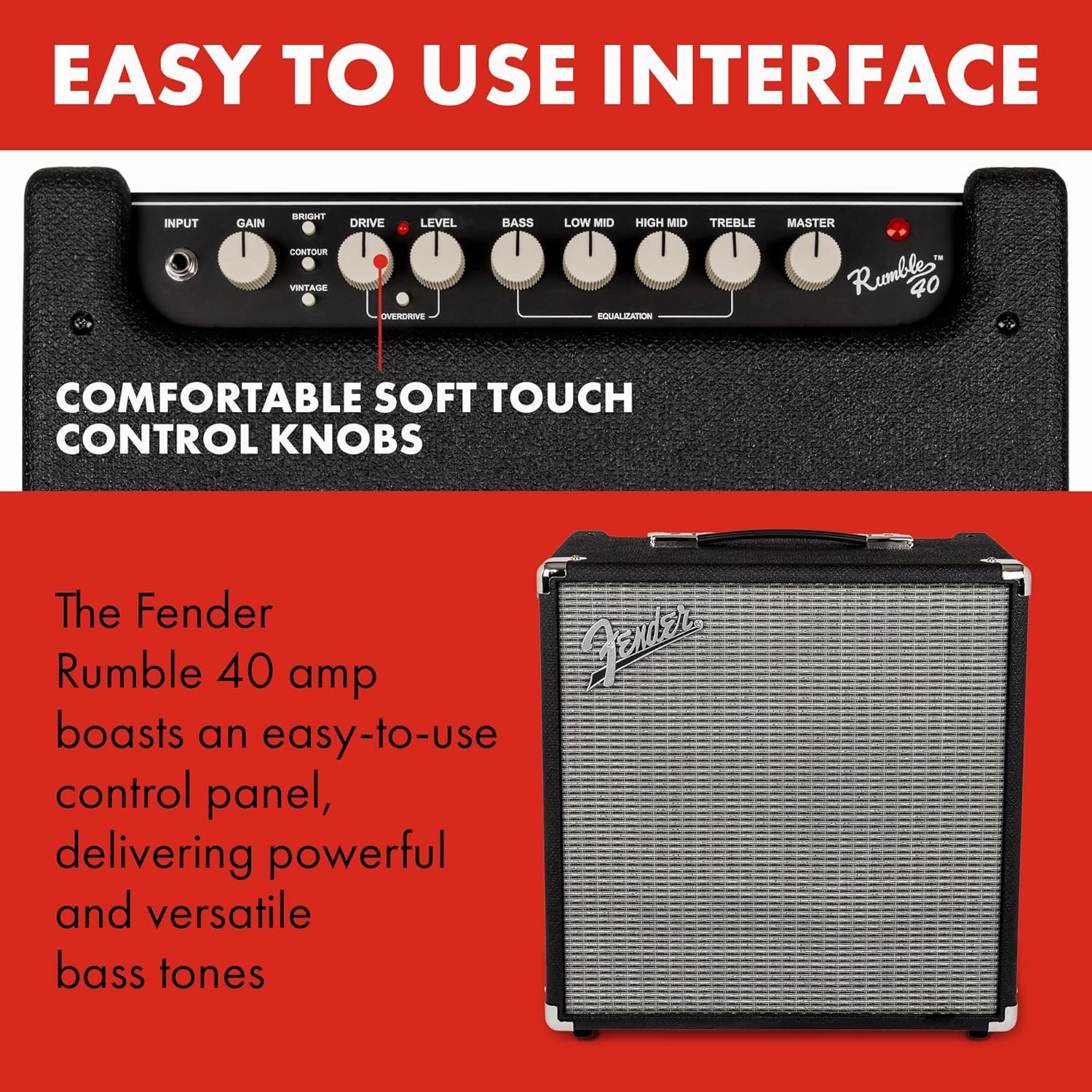 Fender Rumble 40 V3 Bass Amp for Bass Guitar, 40 Watts, with 2-Year Warranty 8 Inch Speaker, with Overdrive Circuit and Mid-Scoop Contour Switch
