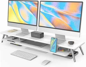 Fenge Dual Monitor Stand, Monitor Stands Riser for 2 monitors, 42.5 Inch Wood Desk Shelf with Storage Organizer and Cable Management for Office Desk Accessories studio monitors,nearfield speakers,mixing reference monitors,