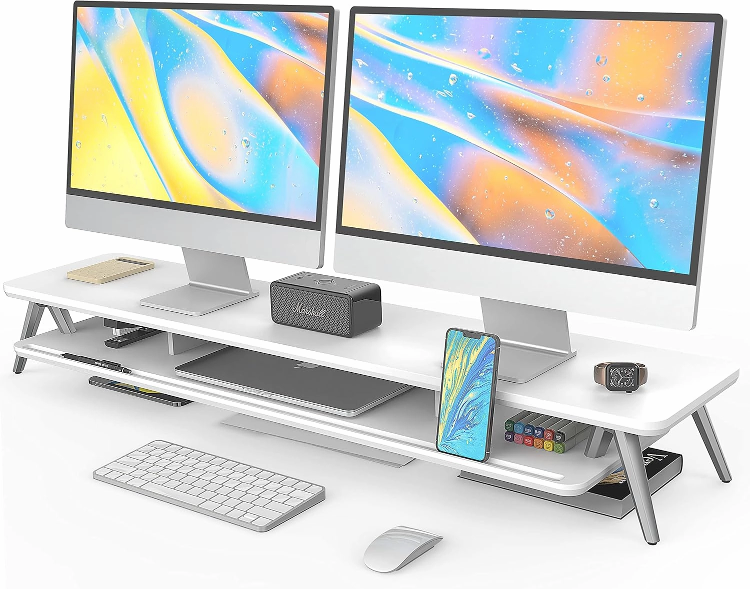 Fenge Dual Monitor Stand, Monitor Stands Riser for 2 monitors, 42.5 Inch Wood Desk Shelf with Storage Organizer and Cable Management for Office Desk Accessories studio monitors,nearfield speakers,mixing reference monitors,
