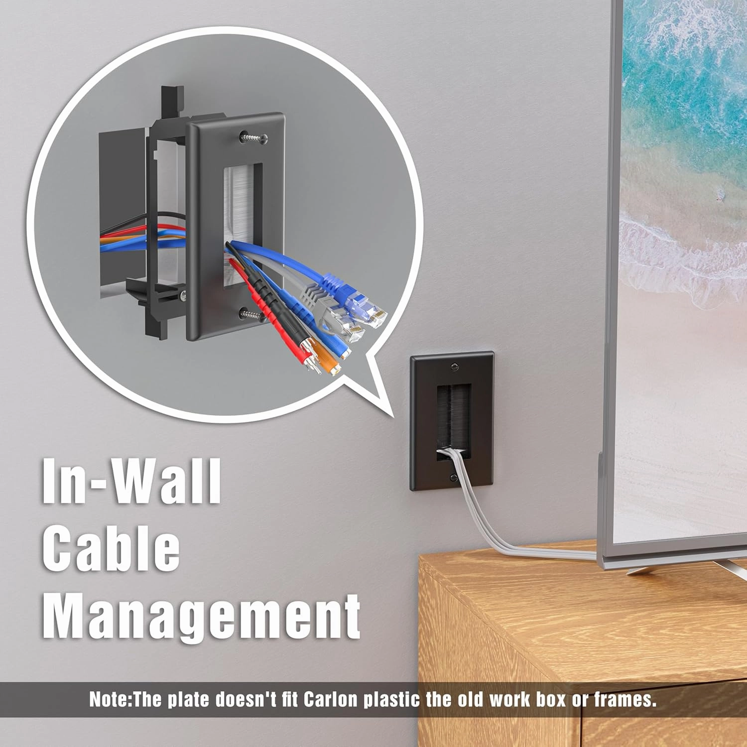 FGB 10 Pack Brush Wall Plate with Low Voltage Mounting Bracket, Cable Pass Through Insert for Wires, Single Gang Cable Access Strap, Wall Socket for HDTV, Home Theater Systems - Black