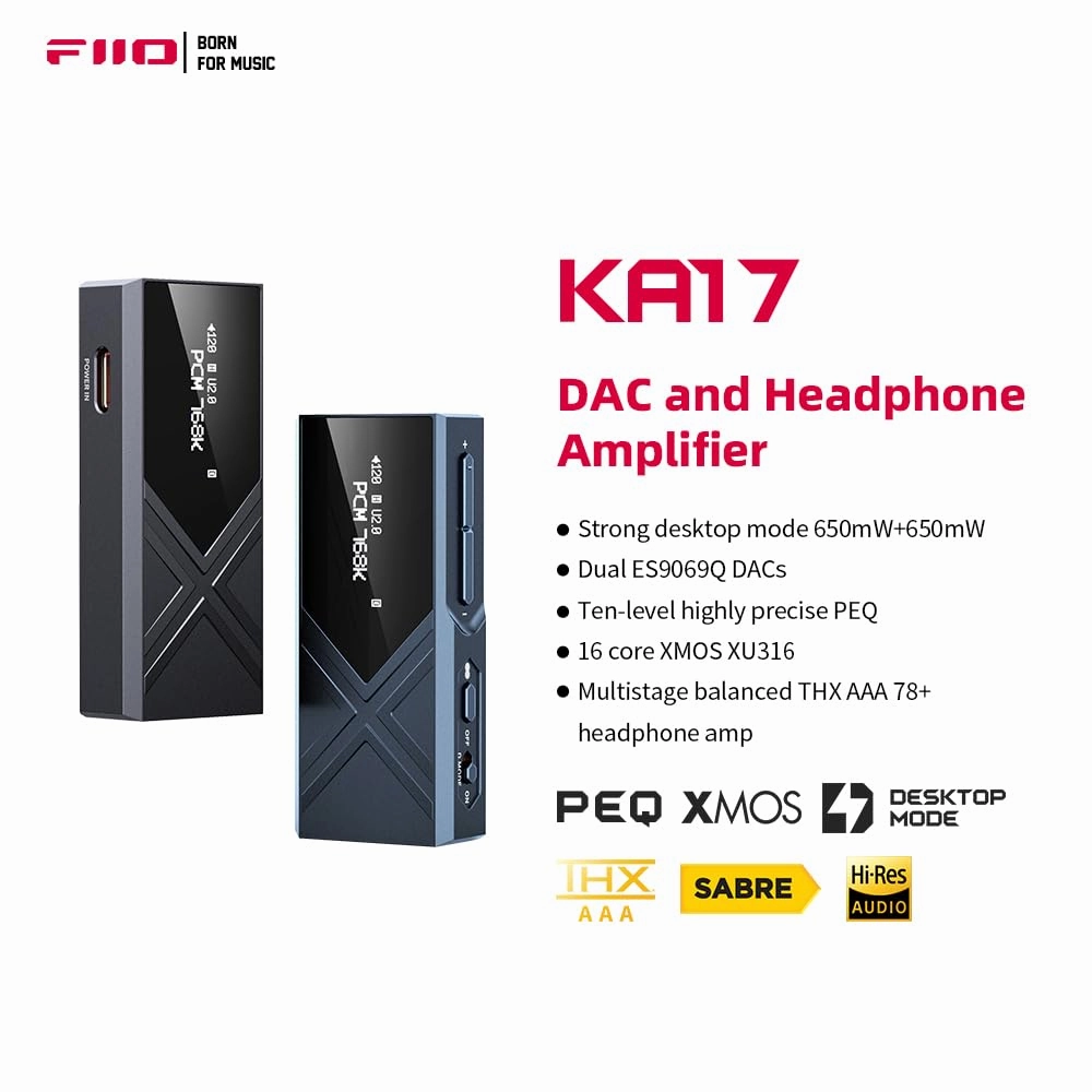 FiiO KA17 Portable USB DAC Audio HiFi Decoder, Dual ES9069Q PCM768 DSD512 3.5/4.4mm Output for Android iOS Mac Win10 (Blue)