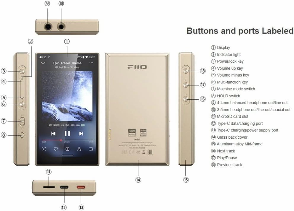 FiiO M21 Android 13 Portable Music Player MP3 Walkman Snapdragon 680 4* CS43198 DAC Chips Hi-Res Audio DSD Bluetooth LDAC (Blue-Black)