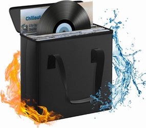 Fireproof Vinyl Record Storage Box,Water Resistant Small Record Storage Organizer,Collapsible Vinyl Record Storage,Carrying Case with Lid,Holds 30 Albums-7/12 inch-Black vinyl storage,record holder,LP organizer,