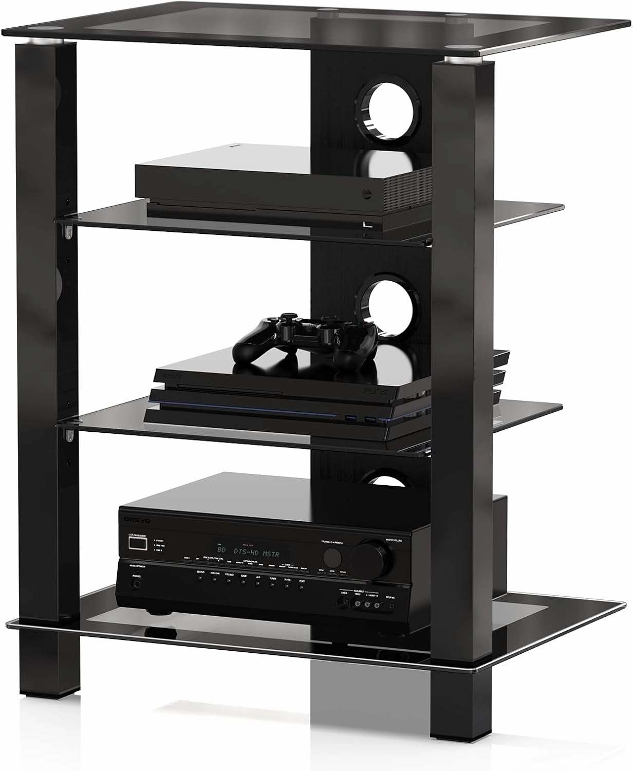 FITUEYES 4-Tier AV Media Cabinet Stand Component Cabinet, Gaming TV Stand and Stereo Rack Audio Tower with Height Adjustable Tempered Glass Shelves, AS406003GB audio rack,hi-fi component stand,media shelf,