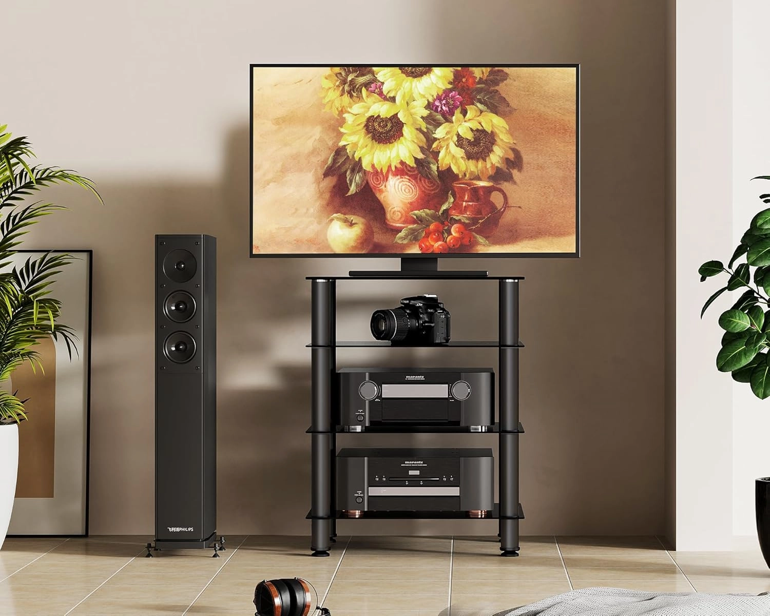 FITUEYES 4-Tier Media Stand Audio/Video Component Cabinet with Glass Shelf for/Apple Tv/Xbox One/ps4 AS406001GB