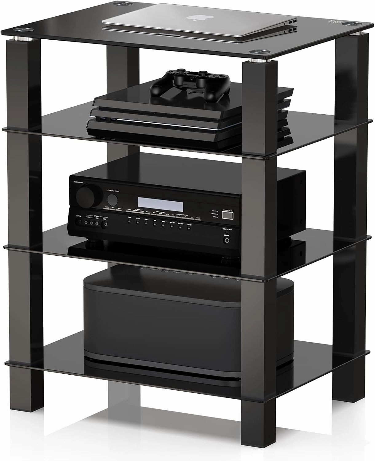 FITUEYES 4-Tier Media Stand Audio/Video Component Cabinet with Glass Shelf for/Apple Tv/Xbox One/ps4 AS406002GB audio rack,hi-fi component stand,media shelf,
