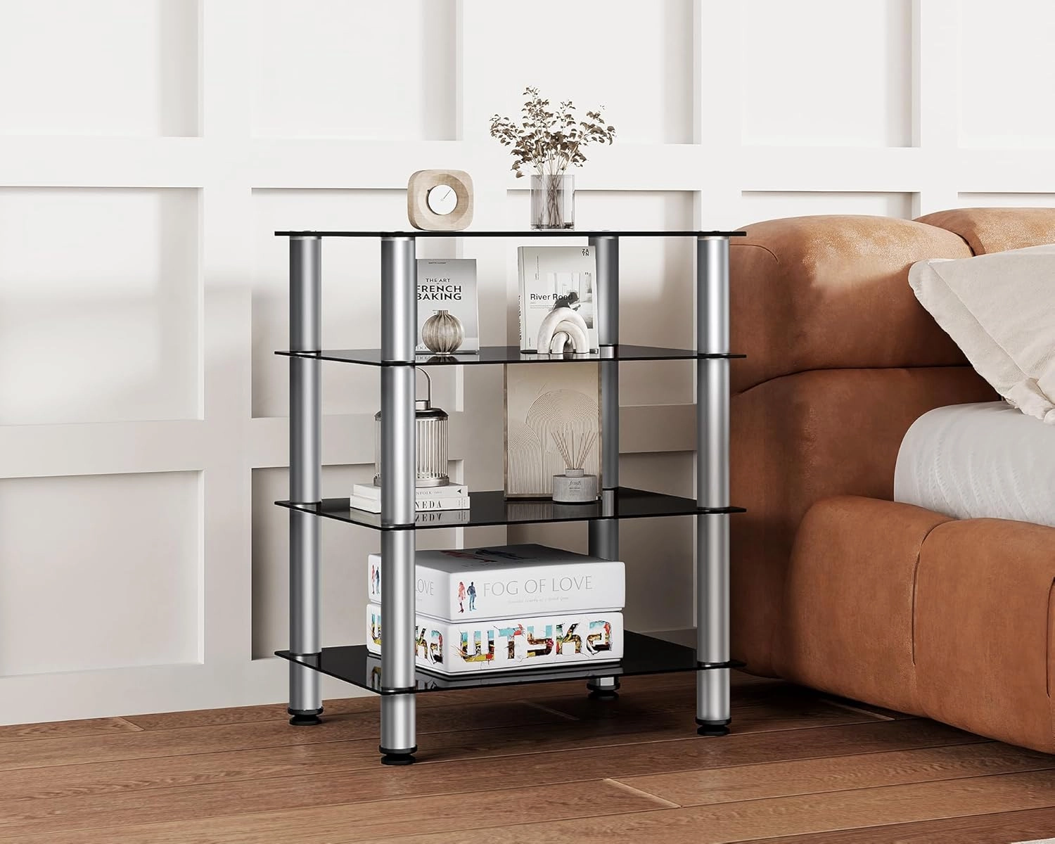 FITUEYES 4-Tier Media Stand Audio/Video Component Cabinet with Glass Shelf for/Apple Tv/Xbox One/ps4 Panda Silver Color