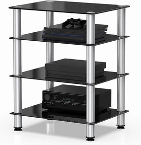 FITUEYES 4-Tier Media Stand Audio/Video Component Cabinet with Glass Shelf for/Apple Tv/Xbox One/ps4 Panda Silver Color audio rack,hi-fi component stand,media shelf,
