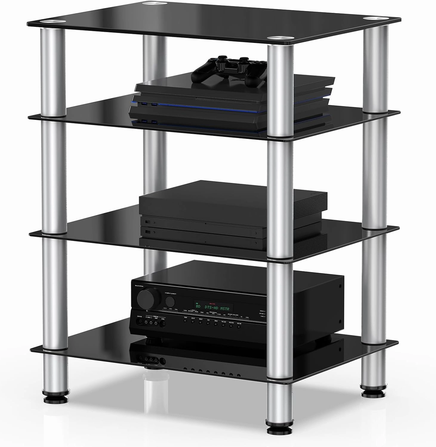 FITUEYES 4-Tier Media Stand Audio/Video Component Cabinet with Glass Shelf for/Apple Tv/Xbox One/ps4 Panda Silver Color audio rack,hi-fi component stand,media shelf,
