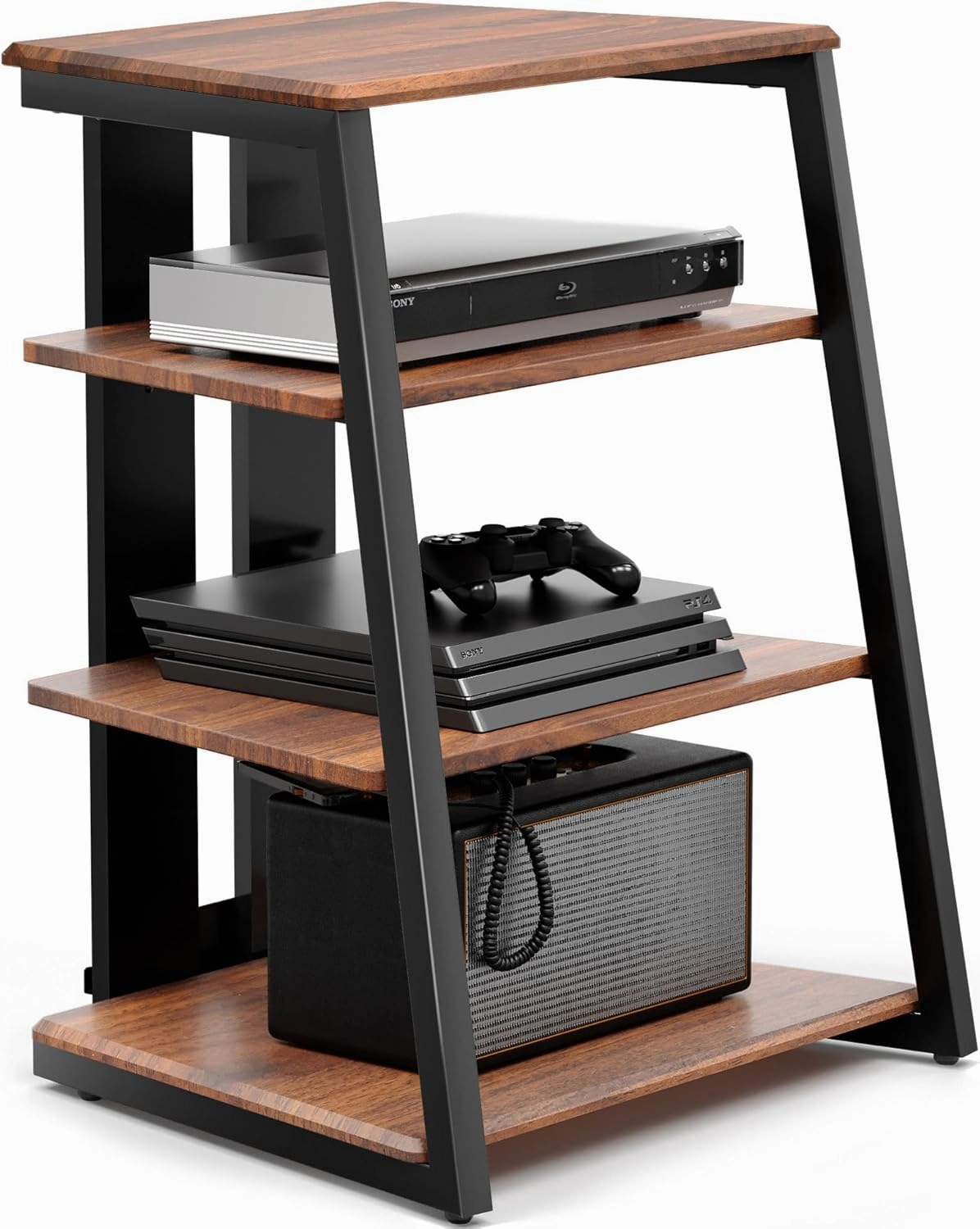 FITUEYES Design 4-Tier AV Media Stand Corner Shelf for Record Player Wooden Stereo Cabinet Audio Rack Tower with Height Adjustable Wooden Shelves for/Apple TV/Xbox One/ps4 (Walnut) audio rack,hi-fi component stand,media shelf,