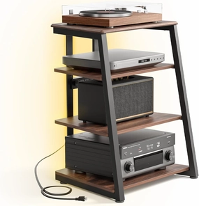 FITUEYES Design 4-Tier AV Media Stand Corner Shelf for Record Player Wooden Stereo Cabinet Audio Rack Tower with Height Adjustable Wooden Shelves for Xbox One (Walnut) audio rack,hi-fi component stand,media shelf,