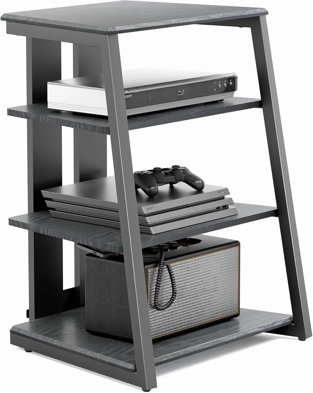 FITUEYES Design 4-Tier AV Media Stand Corner Shelf Stand Wooden Corner Shelves Component Cabinet Stereo Rack Audio Tower with Height Adjustable Wooden Shelves for/Apple Tv/Xbox One/ps4 (Black) audio rack,hi-fi component stand,media shelf,