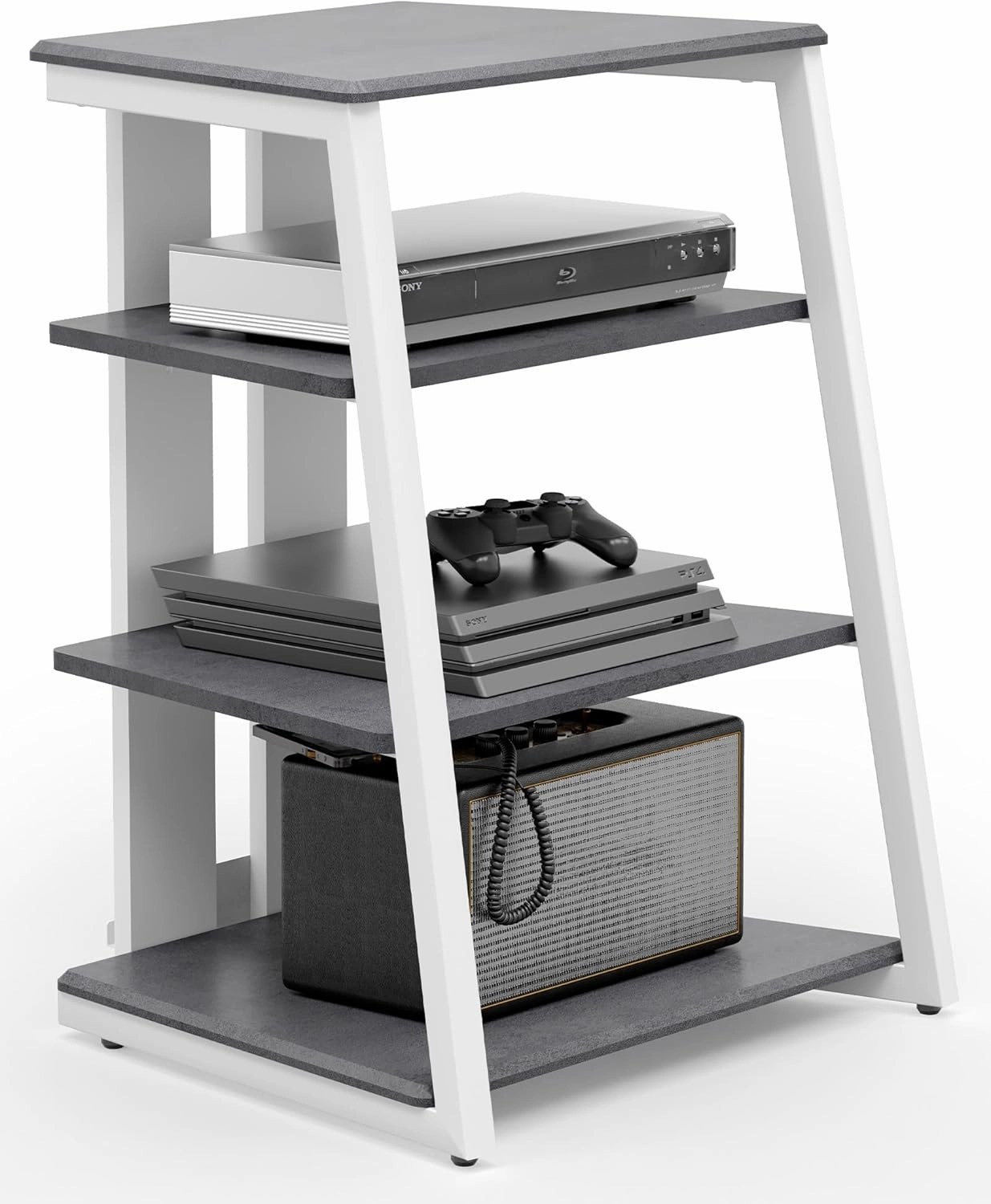 FITUEYES Design 4-Tier AV Media Stand Corner Shelf Stand Wooden Corner Shelves Component Cabinet Stereo Rack Audio Tower with Height Adjustable Wooden Shelves for/Apple Tv/Xbox One/ps4 (Grey) audio rack,hi-fi component stand,media shelf,