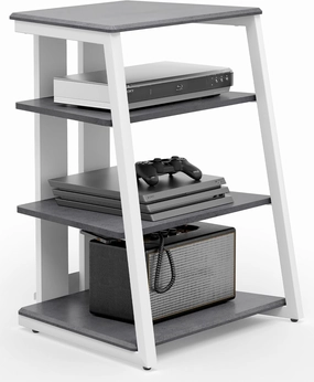 FITUEYES Design 4-Tier AV Media Stand Corner Shelf Stand Wooden Corner Shelves Component Cabinet Stereo Rack Audio Tower with Height Adjustable Wooden Shelves for/Apple Tv/Xbox One/ps4 (Grey) audio rack,hi-fi component stand,media shelf,