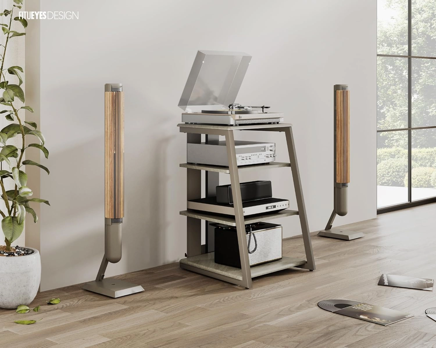 FITUEYES Design 4-Tier AV Media Stand Corner Shelf Stand Wooden Corner Shelves Component Cabinet Stereo Rack Audio Tower with Height Adjustable Wooden Shelves for/Apple Tv/Xbox One/ps4 (Khaki)