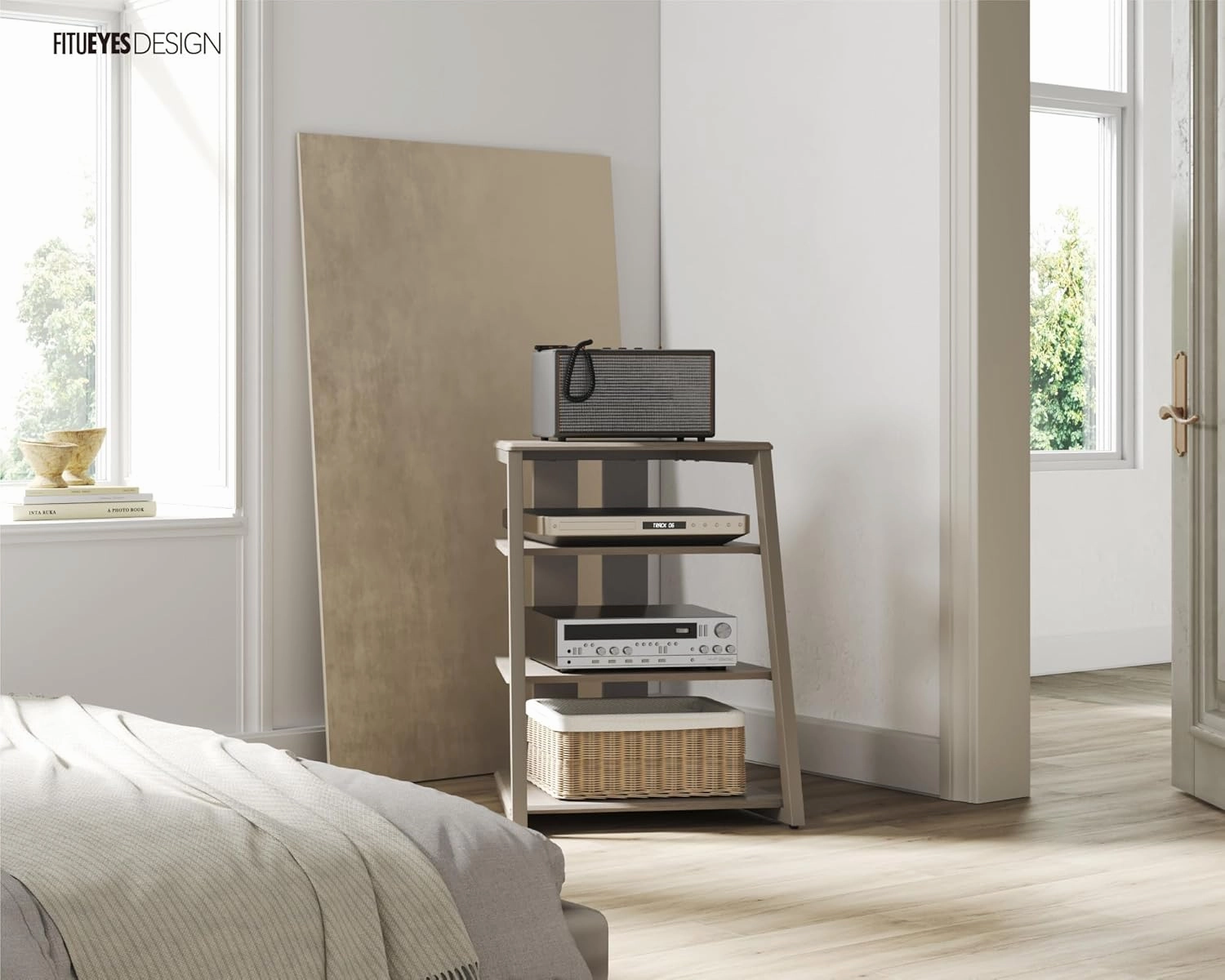 FITUEYES Design 4-Tier AV Media Stand Corner Shelf Stand Wooden Corner Shelves Component Cabinet Stereo Rack Audio Tower with Height Adjustable Wooden Shelves for/Apple Tv/Xbox One/ps4 (Khaki)