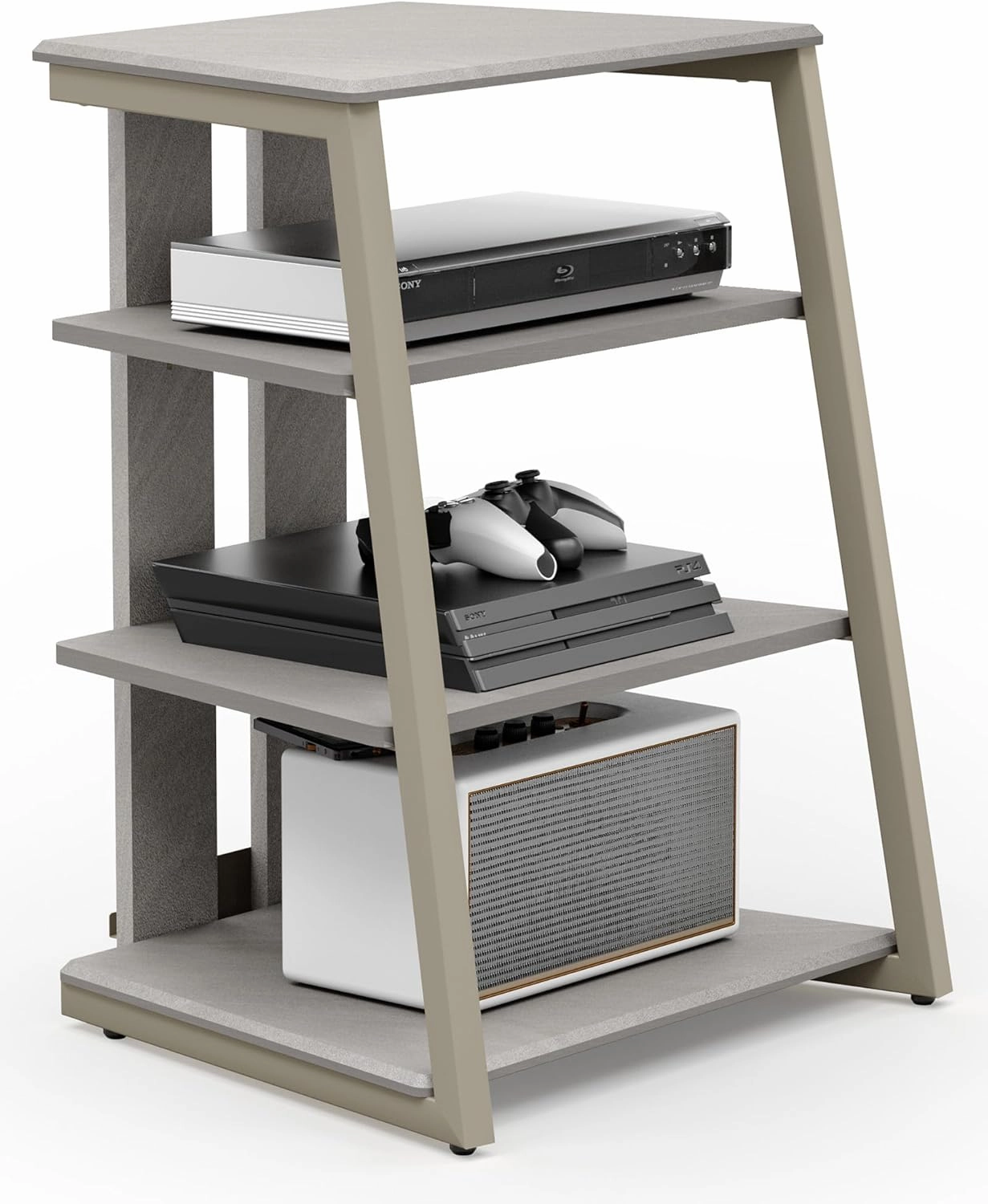 FITUEYES Design 4-Tier AV Media Stand Corner Shelf Stand Wooden Corner Shelves Component Cabinet Stereo Rack Audio Tower with Height Adjustable Wooden Shelves for/Apple Tv/Xbox One/ps4 (Khaki) audio rack,hi-fi component stand,media shelf,