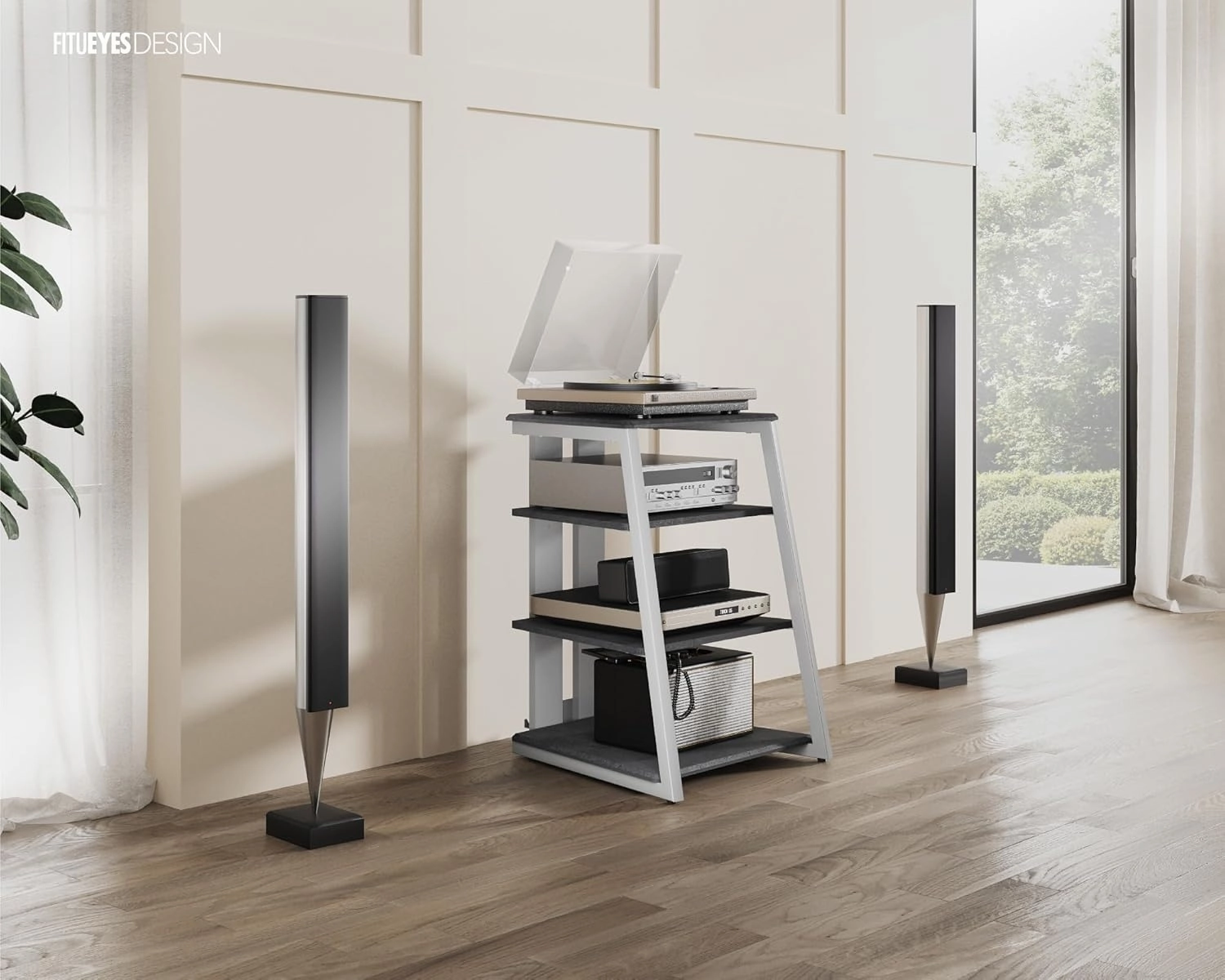 FITUEYES Design 4-Tier AV Media Stand Corner Shelf Stand Wooden Corner Shelves Component Cabinet Stereo Rack Audio Tower with Height Adjustable Wooden Shelves for/Apple Tv/Xbox One/ps4 (White Oak)