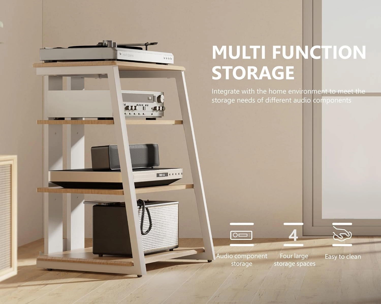 FITUEYES Design 4-Tier AV Media Stand Corner Shelf Stand Wooden Corner Shelves Component Cabinet Stereo Rack Audio Tower with Height Adjustable Wooden Shelves for/Apple Tv/Xbox One/ps4 (White Oak)
