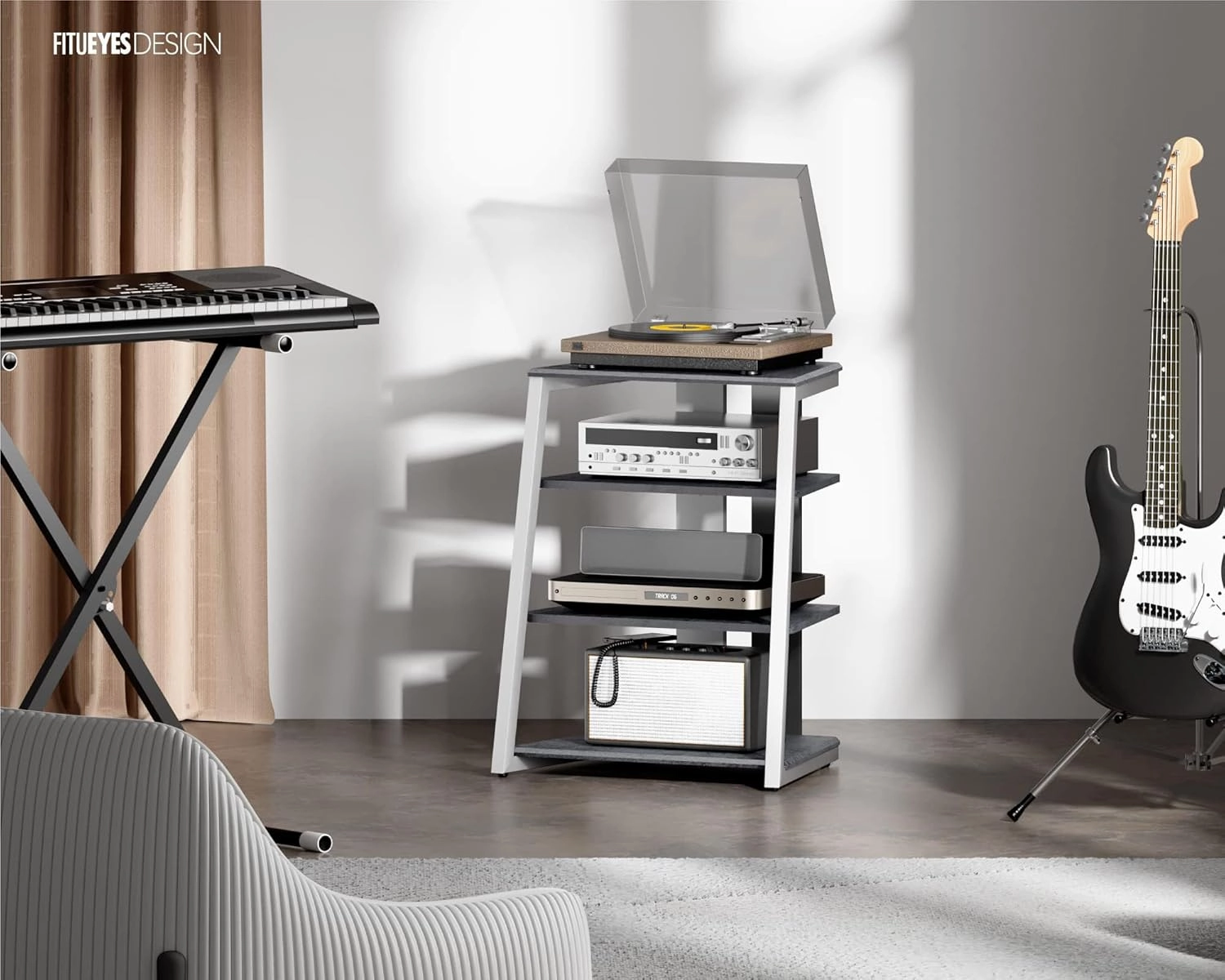 FITUEYES Design 4-Tier AV Media Stand with LED Lights, Wooden Stereo Cabinet, Audio Rack Tower with Adjustable Shelves, Small AV Component Entertainment Stand, Gray