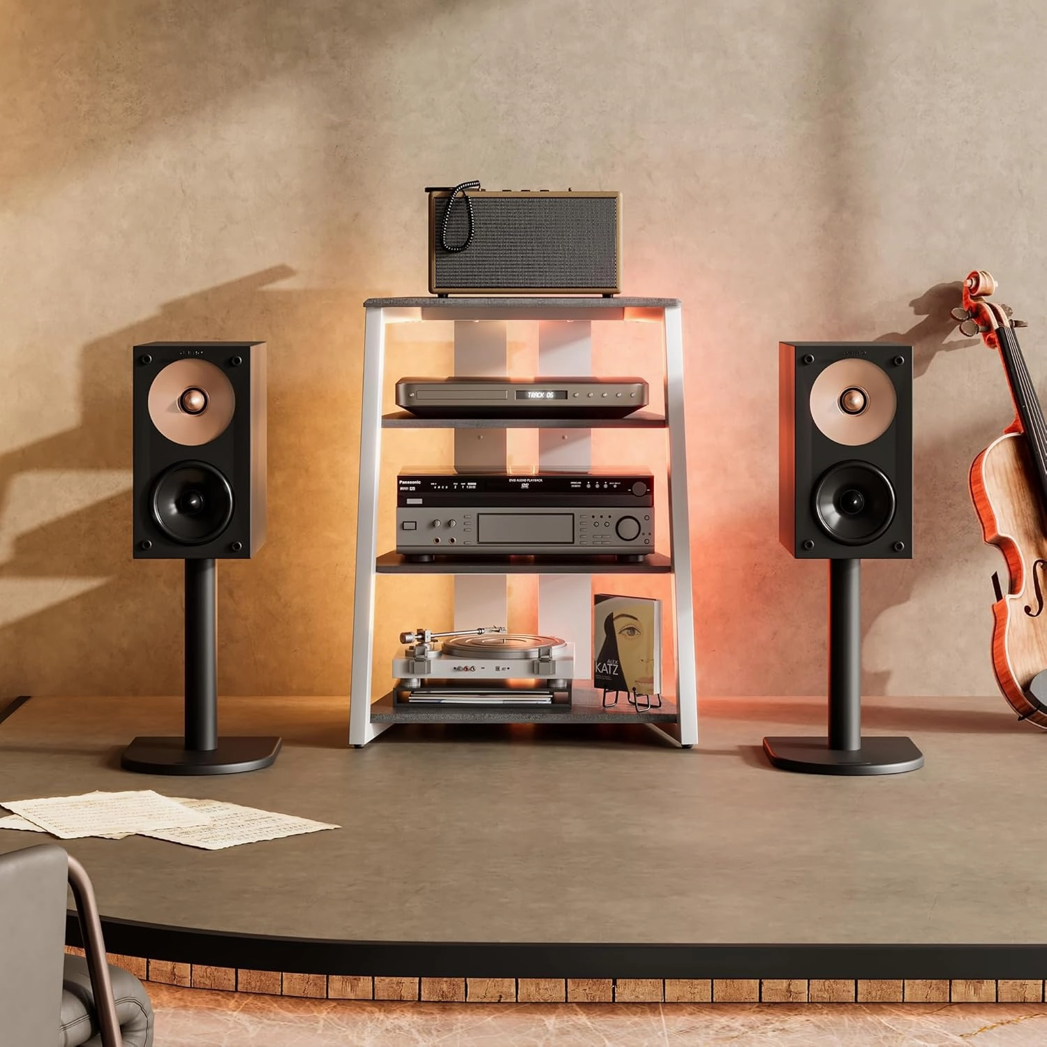 FITUEYES Design 4-Tier AV Media Stand with LED Lights, Wooden Stereo Cabinet, Audio Rack Tower with Adjustable Shelves, Small AV Component Entertainment Stand, Gray